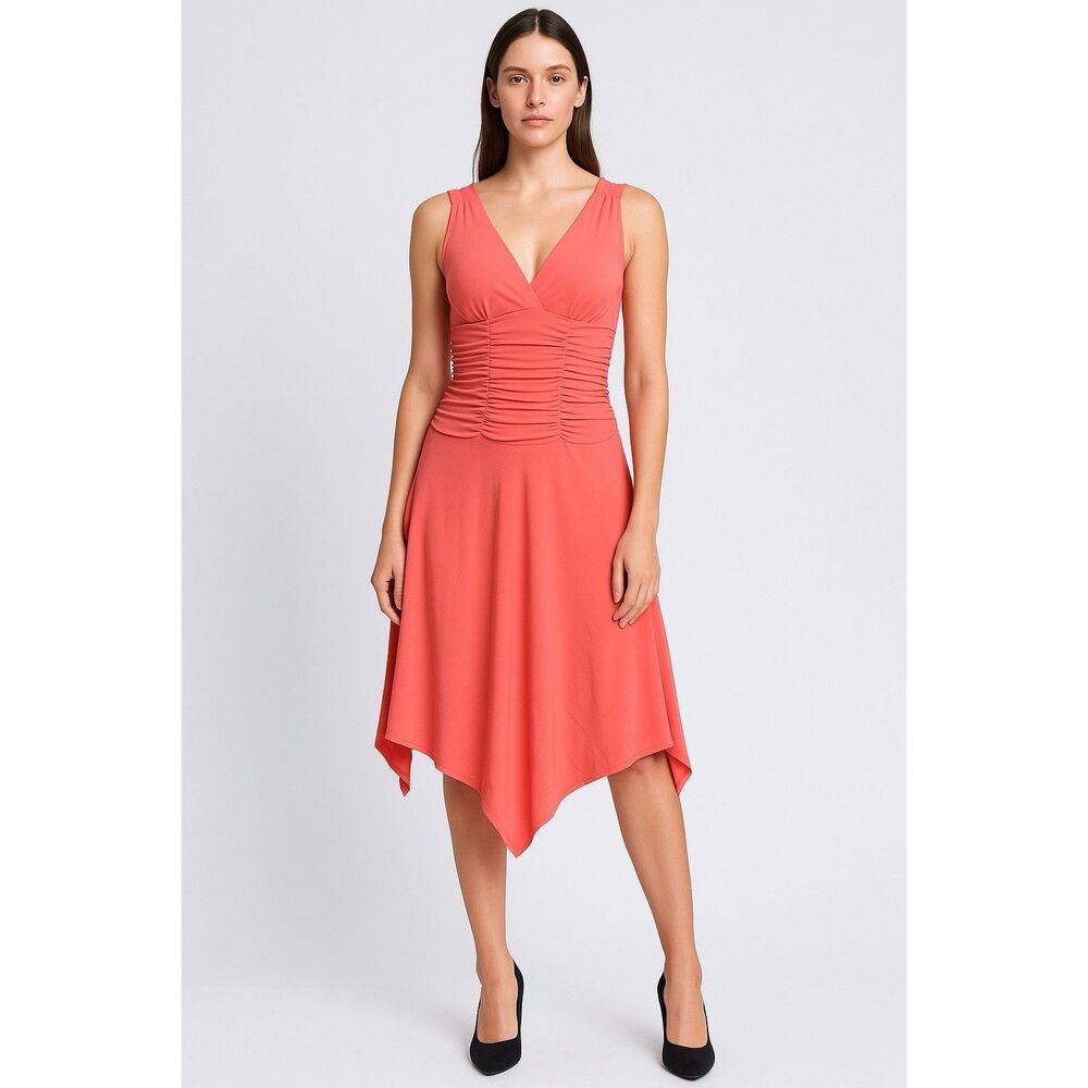 Coral Ruched Midi Dress Handkerchief Hem‎ Y2K  Soft Girl asymmetrical Size Large